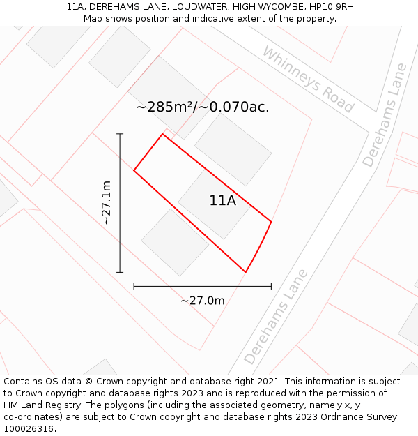11A, DEREHAMS LANE, LOUDWATER, HIGH WYCOMBE, HP10 9RH: Plot and title map