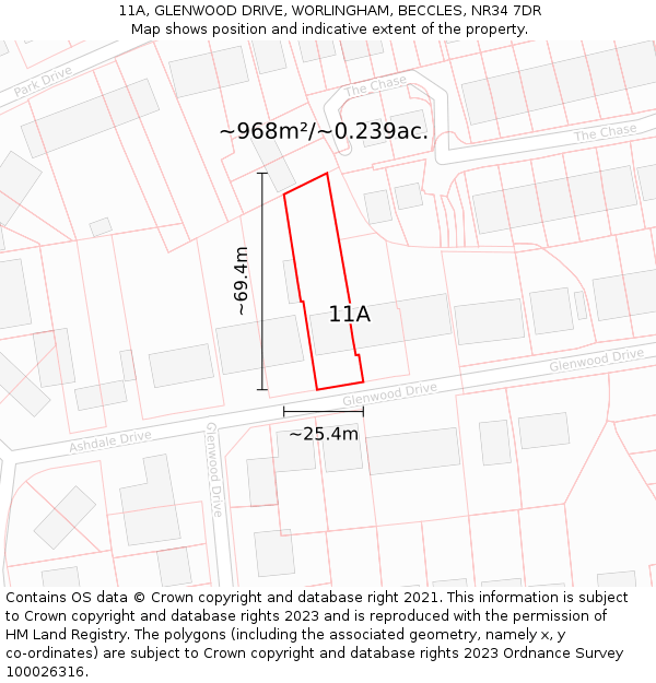 11A, GLENWOOD DRIVE, WORLINGHAM, BECCLES, NR34 7DR: Plot and title map