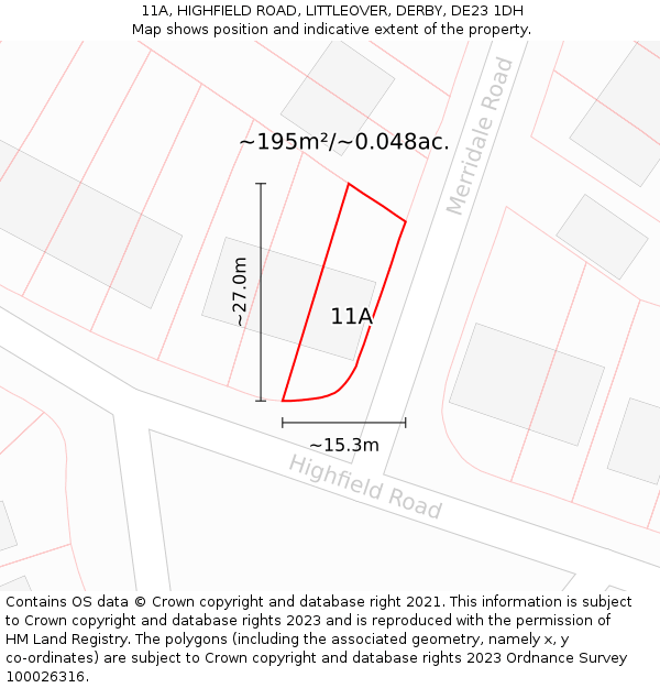 11A, HIGHFIELD ROAD, LITTLEOVER, DERBY, DE23 1DH: Plot and title map