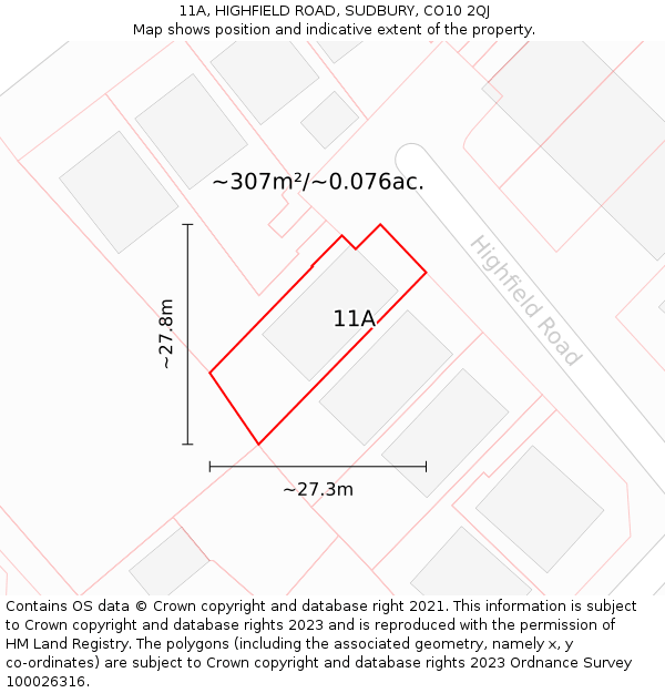 11A, HIGHFIELD ROAD, SUDBURY, CO10 2QJ: Plot and title map