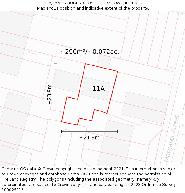 11A, JAMES BODEN CLOSE, FELIXSTOWE, IP11 9EN: Plot and title map