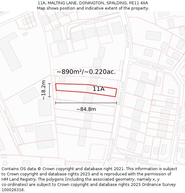 11A, MALTING LANE, DONINGTON, SPALDING, PE11 4XA: Plot and title map