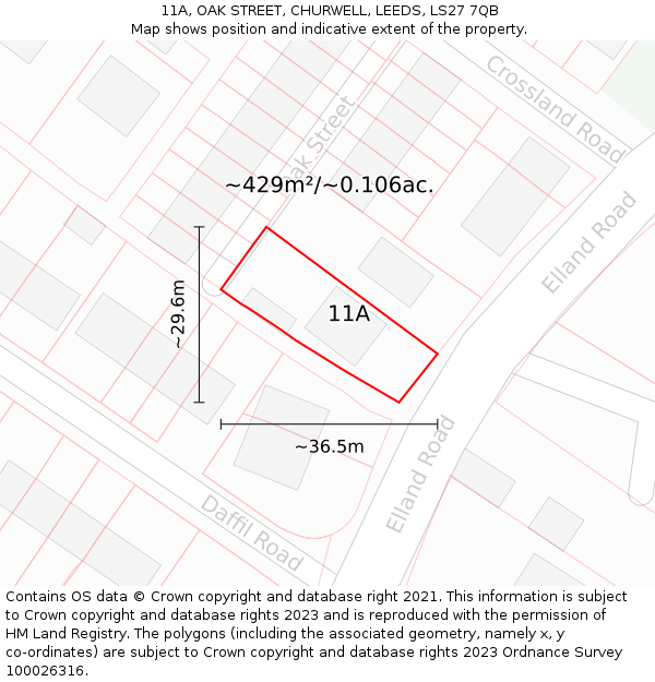 11A, OAK STREET, CHURWELL, LEEDS, LS27 7QB: Plot and title map