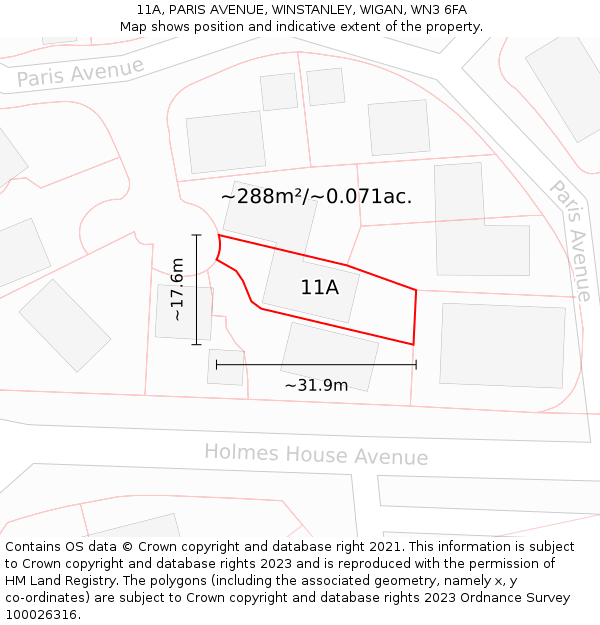 11A, PARIS AVENUE, WINSTANLEY, WIGAN, WN3 6FA: Plot and title map