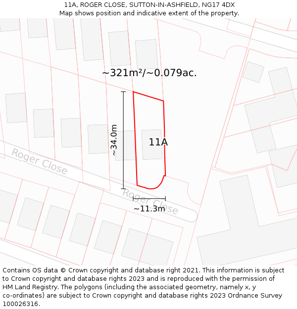 11A, ROGER CLOSE, SUTTON-IN-ASHFIELD, NG17 4DX: Plot and title map