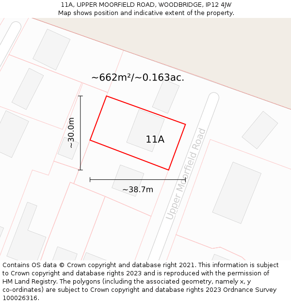 11A, UPPER MOORFIELD ROAD, WOODBRIDGE, IP12 4JW: Plot and title map