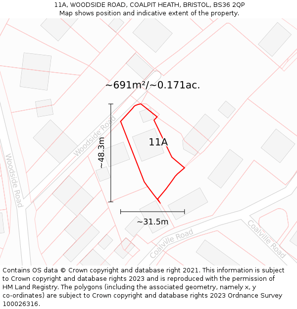 11A, WOODSIDE ROAD, COALPIT HEATH, BRISTOL, BS36 2QP: Plot and title map