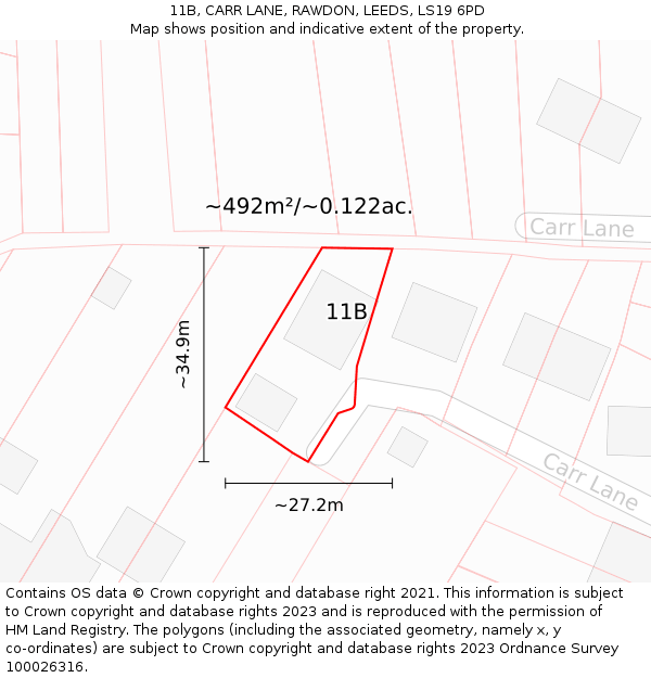 11B, CARR LANE, RAWDON, LEEDS, LS19 6PD: Plot and title map