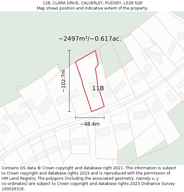 11B, CLARA DRIVE, CALVERLEY, PUDSEY, LS28 5QP: Plot and title map