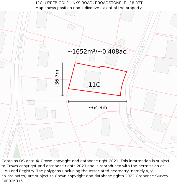 11C, UPPER GOLF LINKS ROAD, BROADSTONE, BH18 8BT: Plot and title map