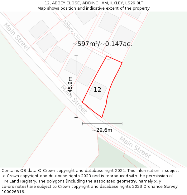 12, ABBEY CLOSE, ADDINGHAM, ILKLEY, LS29 0LT: Plot and title map