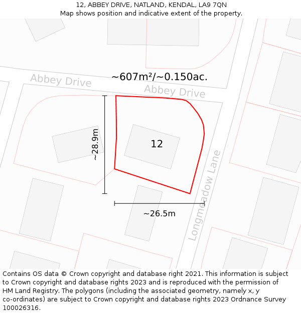 12, ABBEY DRIVE, NATLAND, KENDAL, LA9 7QN: Plot and title map