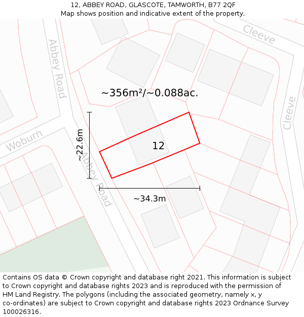 12, ABBEY ROAD, GLASCOTE, TAMWORTH, B77 2QF: Plot and title map