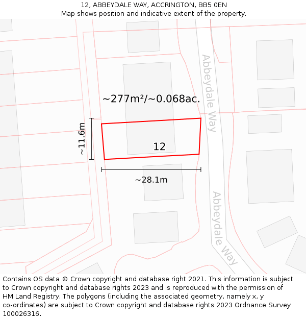 12, ABBEYDALE WAY, ACCRINGTON, BB5 0EN: Plot and title map