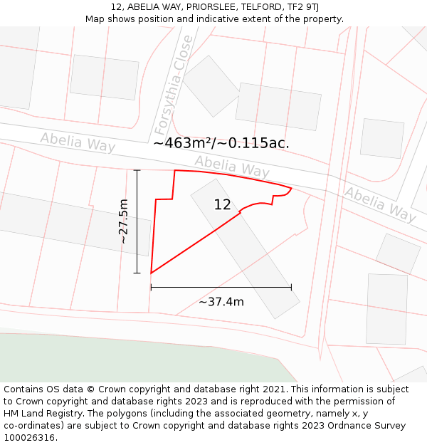 12, ABELIA WAY, PRIORSLEE, TELFORD, TF2 9TJ: Plot and title map