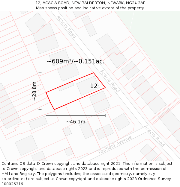 12, ACACIA ROAD, NEW BALDERTON, NEWARK, NG24 3AE: Plot and title map