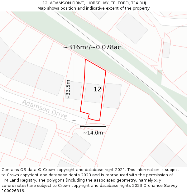 12, ADAMSON DRIVE, HORSEHAY, TELFORD, TF4 3UJ: Plot and title map