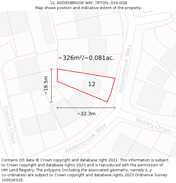 12, ADDENBROOK WAY, TIPTON, DY4 0QB: Plot and title map