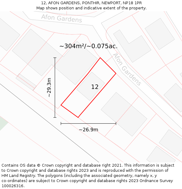 12, AFON GARDENS, PONTHIR, NEWPORT, NP18 1PR: Plot and title map