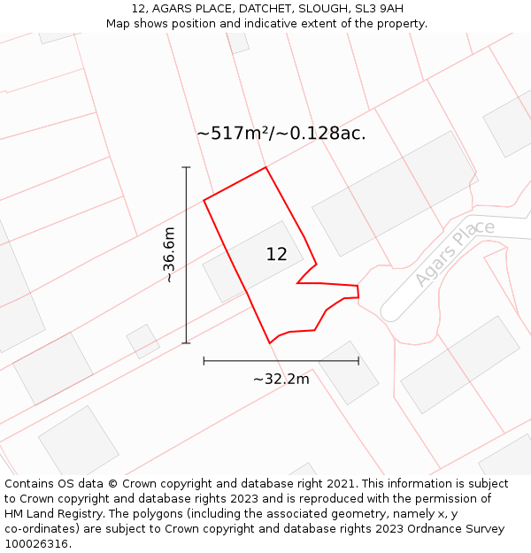 12, AGARS PLACE, DATCHET, SLOUGH, SL3 9AH: Plot and title map