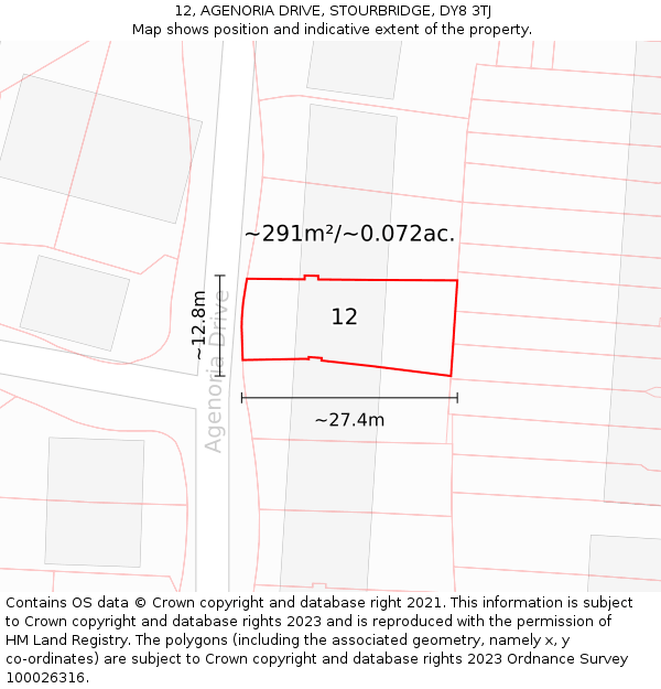 12, AGENORIA DRIVE, STOURBRIDGE, DY8 3TJ: Plot and title map