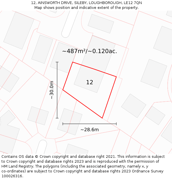 12, AINSWORTH DRIVE, SILEBY, LOUGHBOROUGH, LE12 7QN: Plot and title map