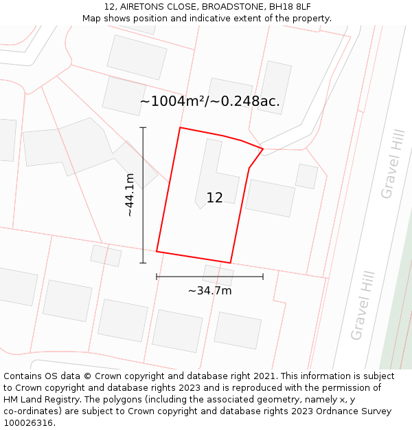 12, AIRETONS CLOSE, BROADSTONE, BH18 8LF: Plot and title map