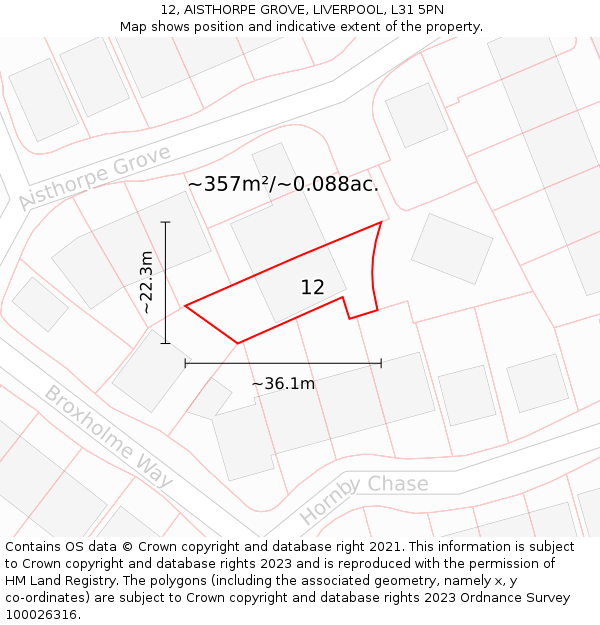 12, AISTHORPE GROVE, LIVERPOOL, L31 5PN: Plot and title map