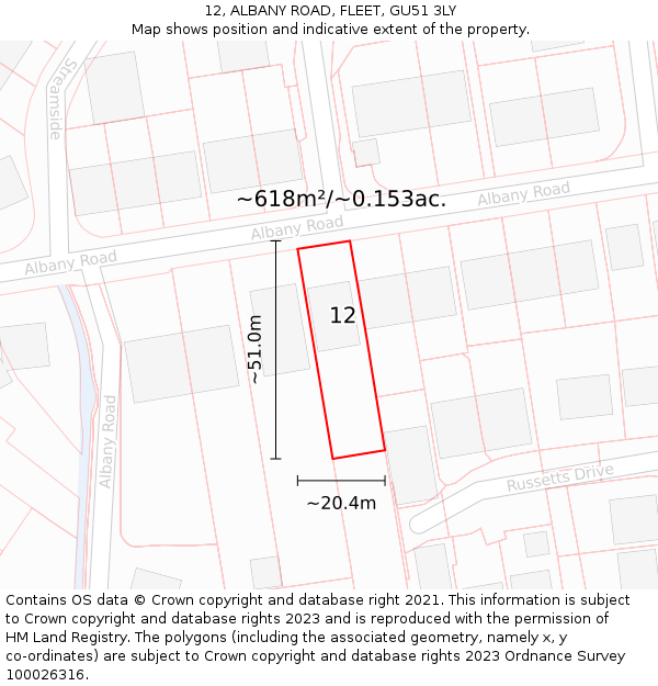 12, ALBANY ROAD, FLEET, GU51 3LY: Plot and title map