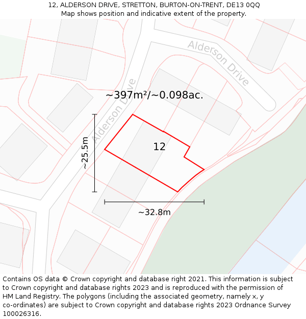 12, ALDERSON DRIVE, STRETTON, BURTON-ON-TRENT, DE13 0QQ: Plot and title map