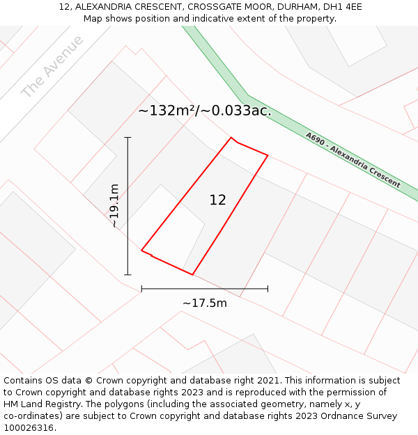 12, ALEXANDRIA CRESCENT, CROSSGATE MOOR, DURHAM, DH1 4EE: Plot and title map