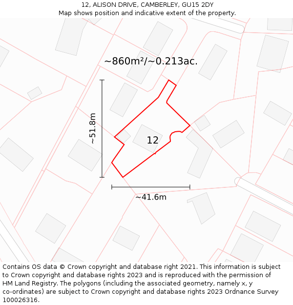 12, ALISON DRIVE, CAMBERLEY, GU15 2DY: Plot and title map