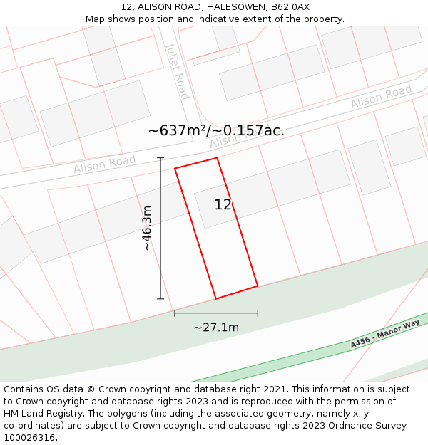 12, ALISON ROAD, HALESOWEN, B62 0AX: Plot and title map