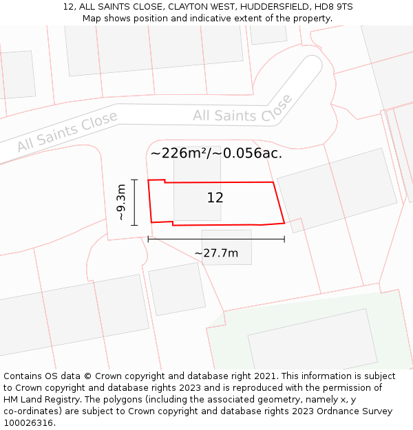 12, ALL SAINTS CLOSE, CLAYTON WEST, HUDDERSFIELD, HD8 9TS: Plot and title map