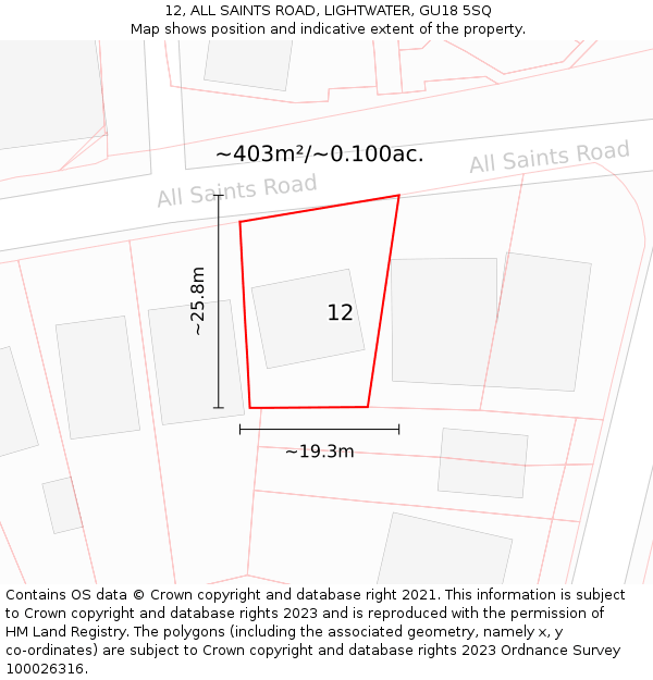 12, ALL SAINTS ROAD, LIGHTWATER, GU18 5SQ: Plot and title map