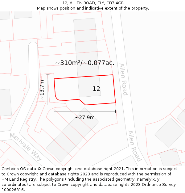 12, ALLEN ROAD, ELY, CB7 4GR: Plot and title map