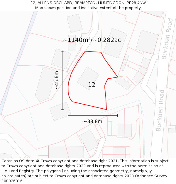 12, ALLENS ORCHARD, BRAMPTON, HUNTINGDON, PE28 4NW: Plot and title map