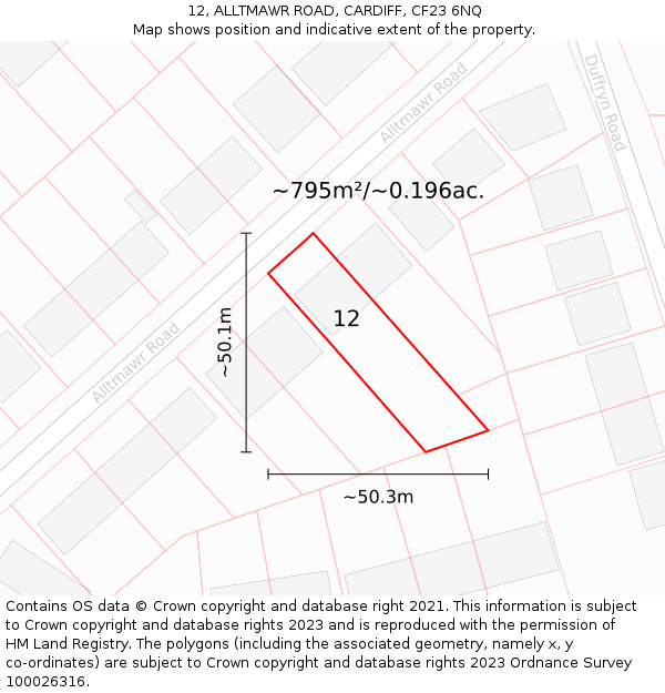 12, ALLTMAWR ROAD, CARDIFF, CF23 6NQ: Plot and title map