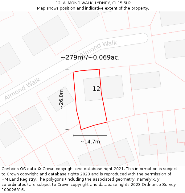 12, ALMOND WALK, LYDNEY, GL15 5LP: Plot and title map