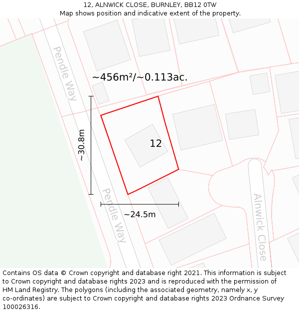 12, ALNWICK CLOSE, BURNLEY, BB12 0TW: Plot and title map