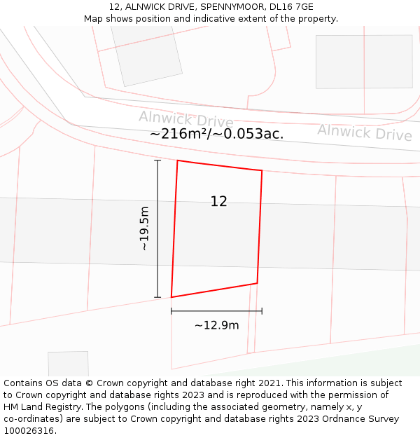 12, ALNWICK DRIVE, SPENNYMOOR, DL16 7GE: Plot and title map