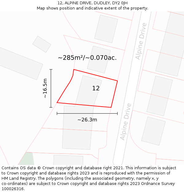 12, ALPINE DRIVE, DUDLEY, DY2 0JH: Plot and title map