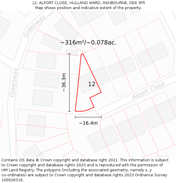 12, ALPORT CLOSE, HULLAND WARD, ASHBOURNE, DE6 3FR: Plot and title map