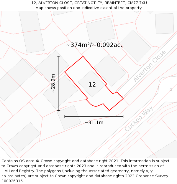 12, ALVERTON CLOSE, GREAT NOTLEY, BRAINTREE, CM77 7XU: Plot and title map