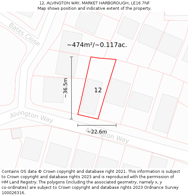 12, ALVINGTON WAY, MARKET HARBOROUGH, LE16 7NF: Plot and title map