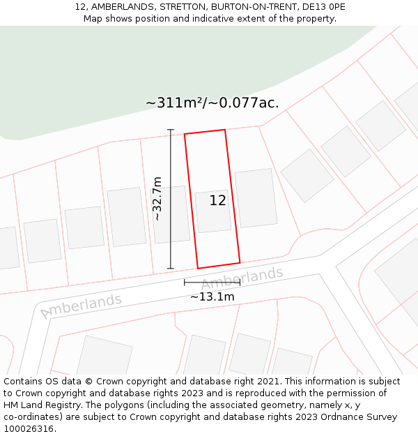 12, AMBERLANDS, STRETTON, BURTON-ON-TRENT, DE13 0PE: Plot and title map