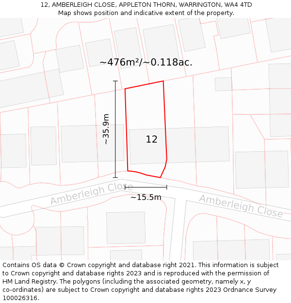 12, AMBERLEIGH CLOSE, APPLETON THORN, WARRINGTON, WA4 4TD: Plot and title map