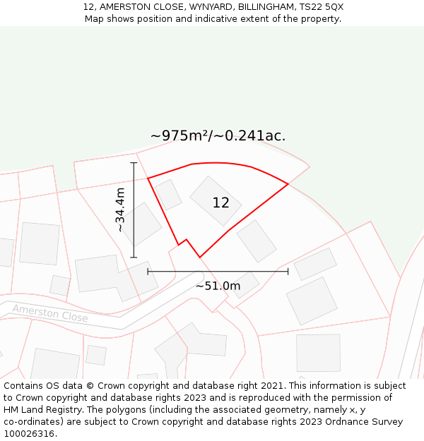 12, AMERSTON CLOSE, WYNYARD, BILLINGHAM, TS22 5QX: Plot and title map