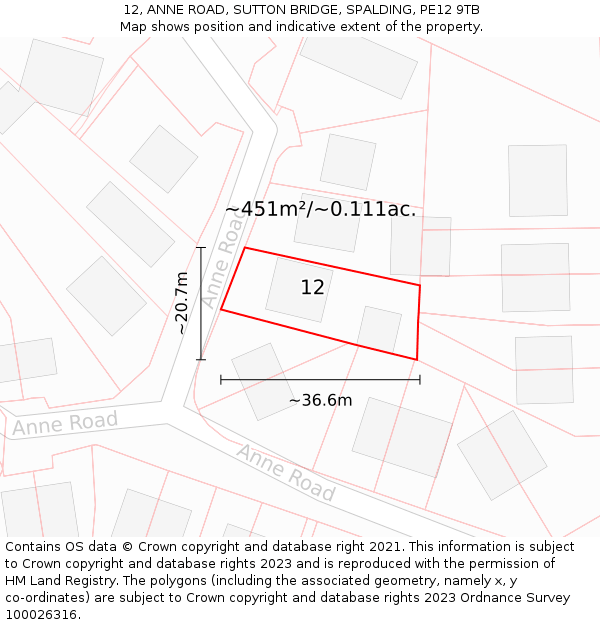 12, ANNE ROAD, SUTTON BRIDGE, SPALDING, PE12 9TB: Plot and title map