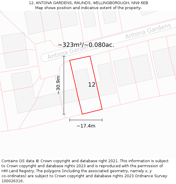 12, ANTONA GARDENS, RAUNDS, WELLINGBOROUGH, NN9 6EB: Plot and title map